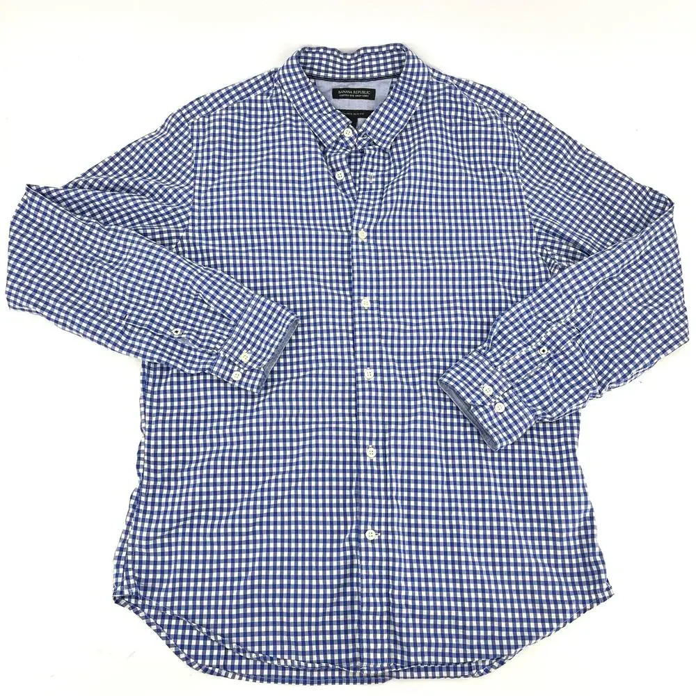 Banana Republic Mens‎ custom 078 wash blue check button up collared shirt (L)